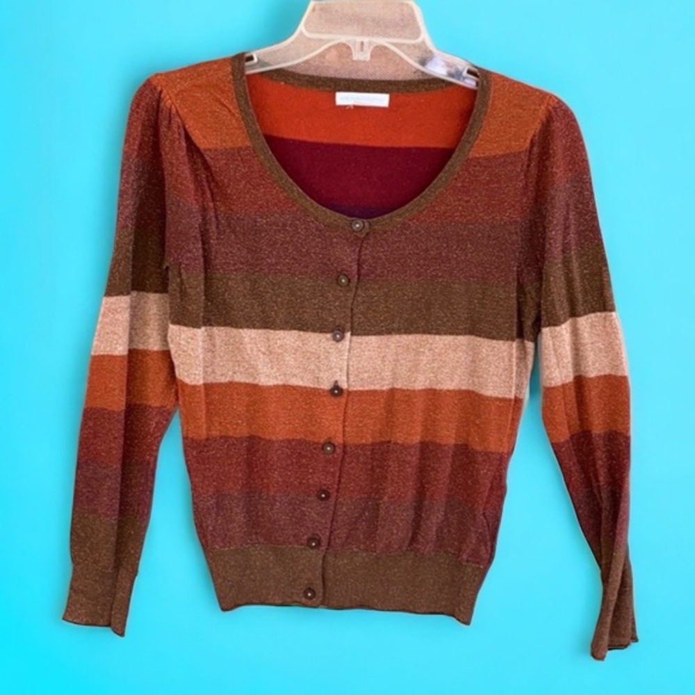 New York & Company Metallic Striped Cardigan Sweater Small Fall Colors